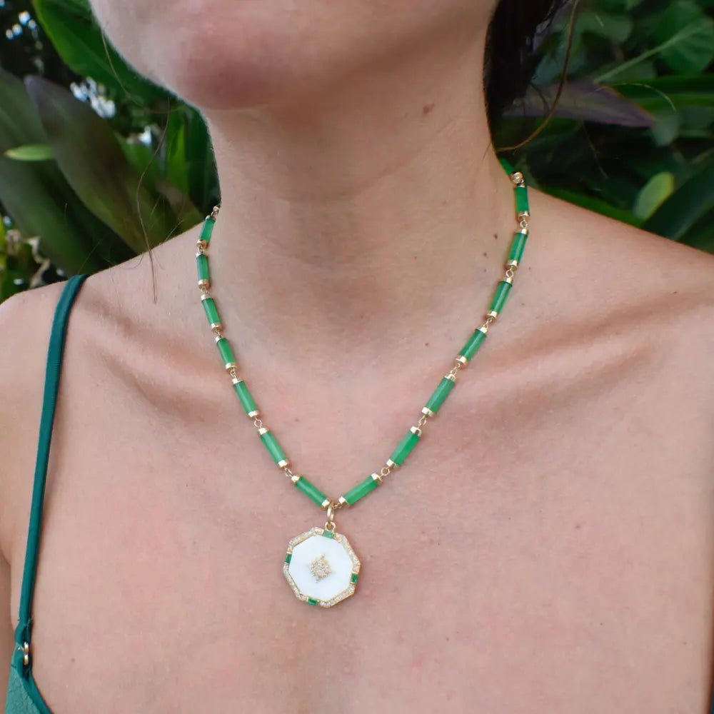 Geometric Cylinder Gemstone Necklace in 14K Yellow Gold, view 2 | JJ Jewelry Miami
