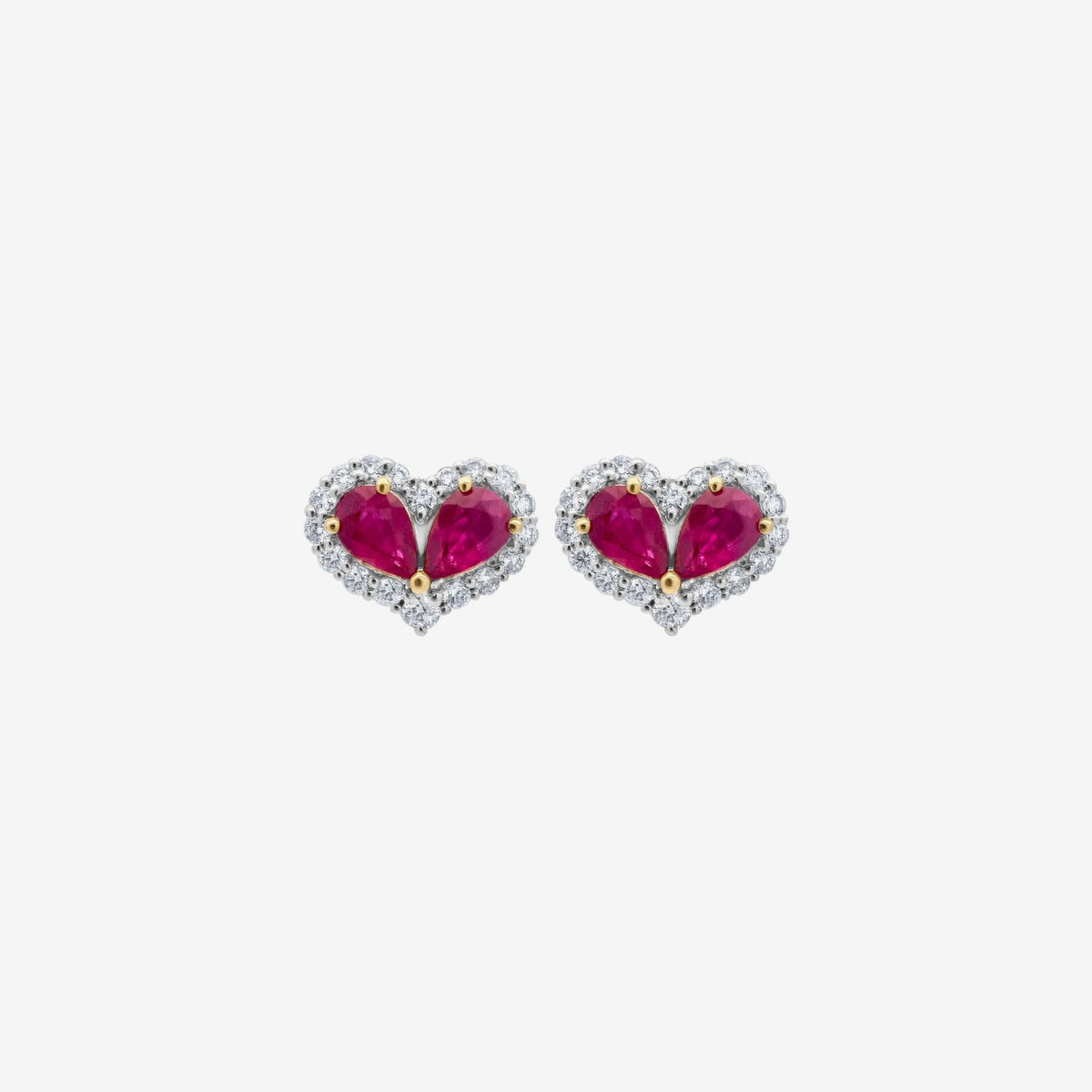 Heart Diamond Frame Earrings with Gemstone Center in 18K Yellow and White Gold with Ruby, gray background | JJ Jewelry Miami