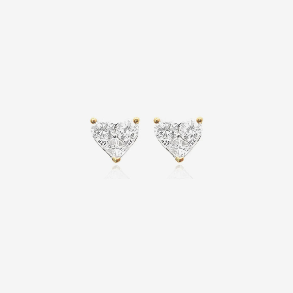 Heart Diamond Stud Earrings in 18K Yellow Gold, gray background | JJ Jewelry Miami