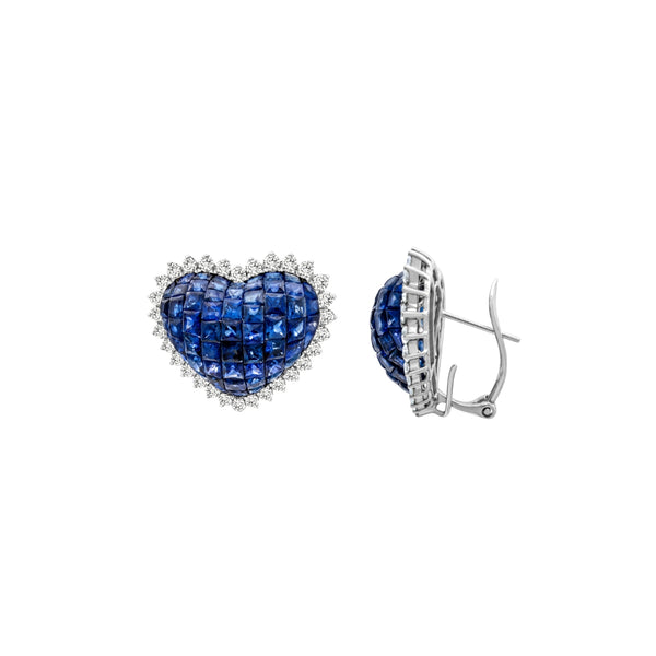 Heart-Shaped Blue Sapphire Earrings with Diamond Halo in White Gold