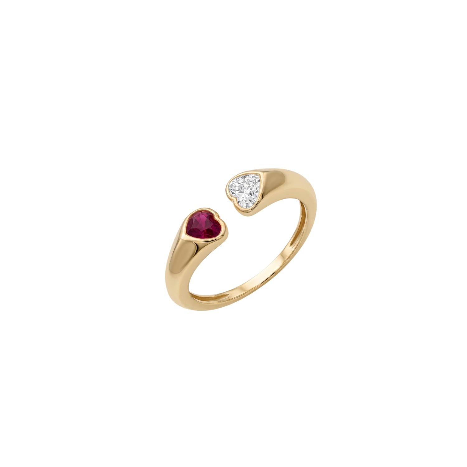 Heart Ruby and Diamond Open Ring in 14K Yellow Gold