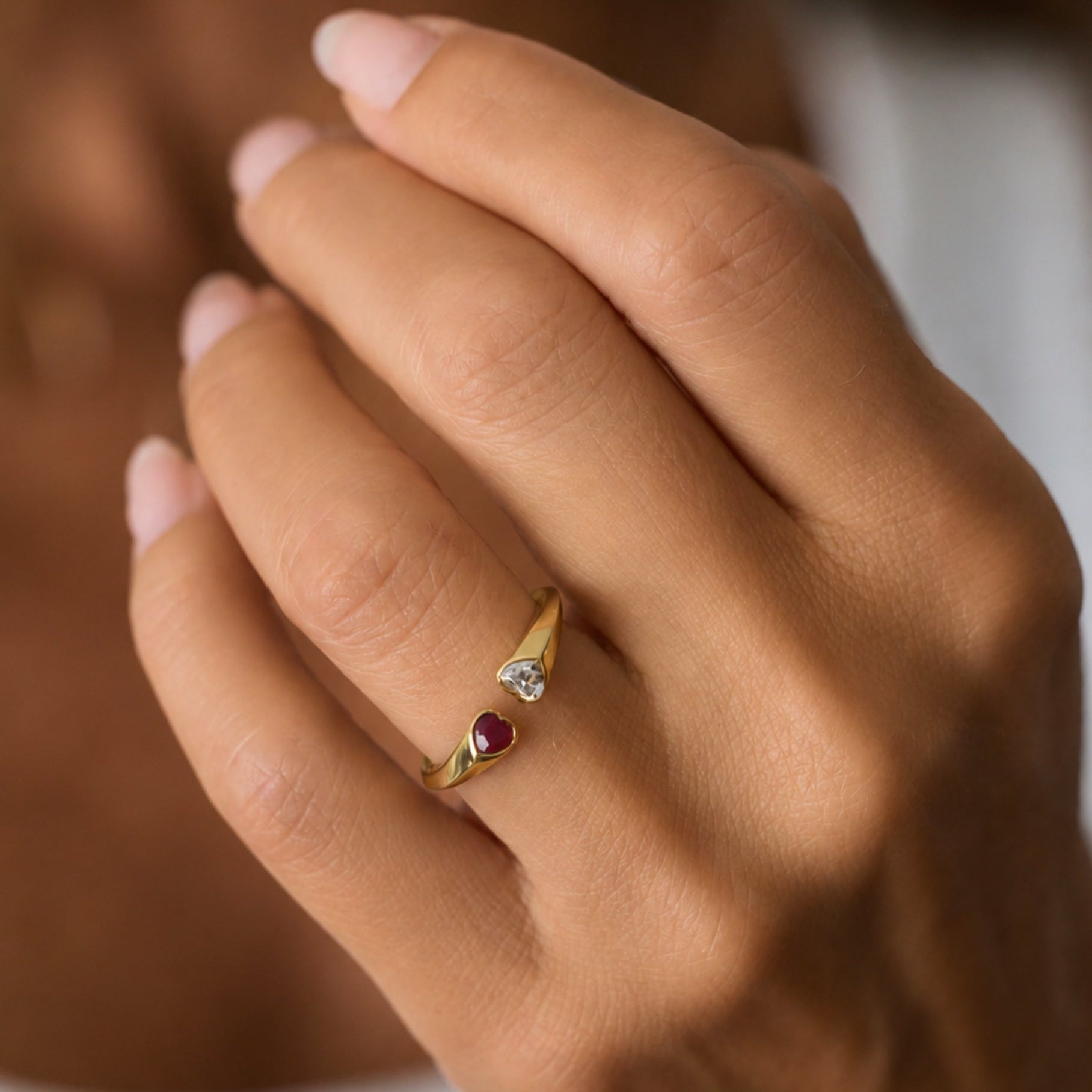 Heart Ruby and Diamond Open Ring in 14K Yellow Gold