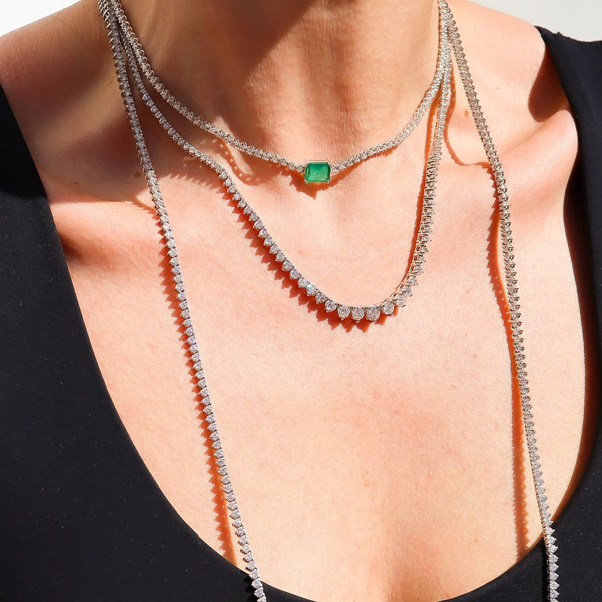 Jenny Emerald and Diamond Tennis Necklace in 18K Gold, view 3 | JJ Jewelry Miami