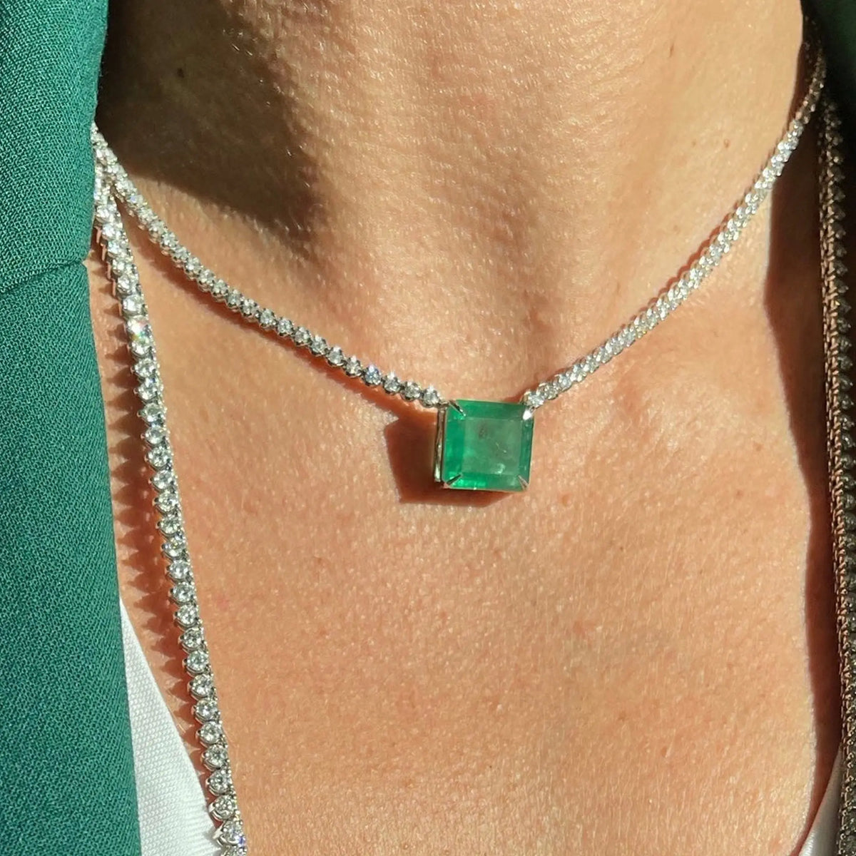 Jessica Emerald and Diamond Full Necklace in 18K Gold, view 3 | JJ Jewelry Miami