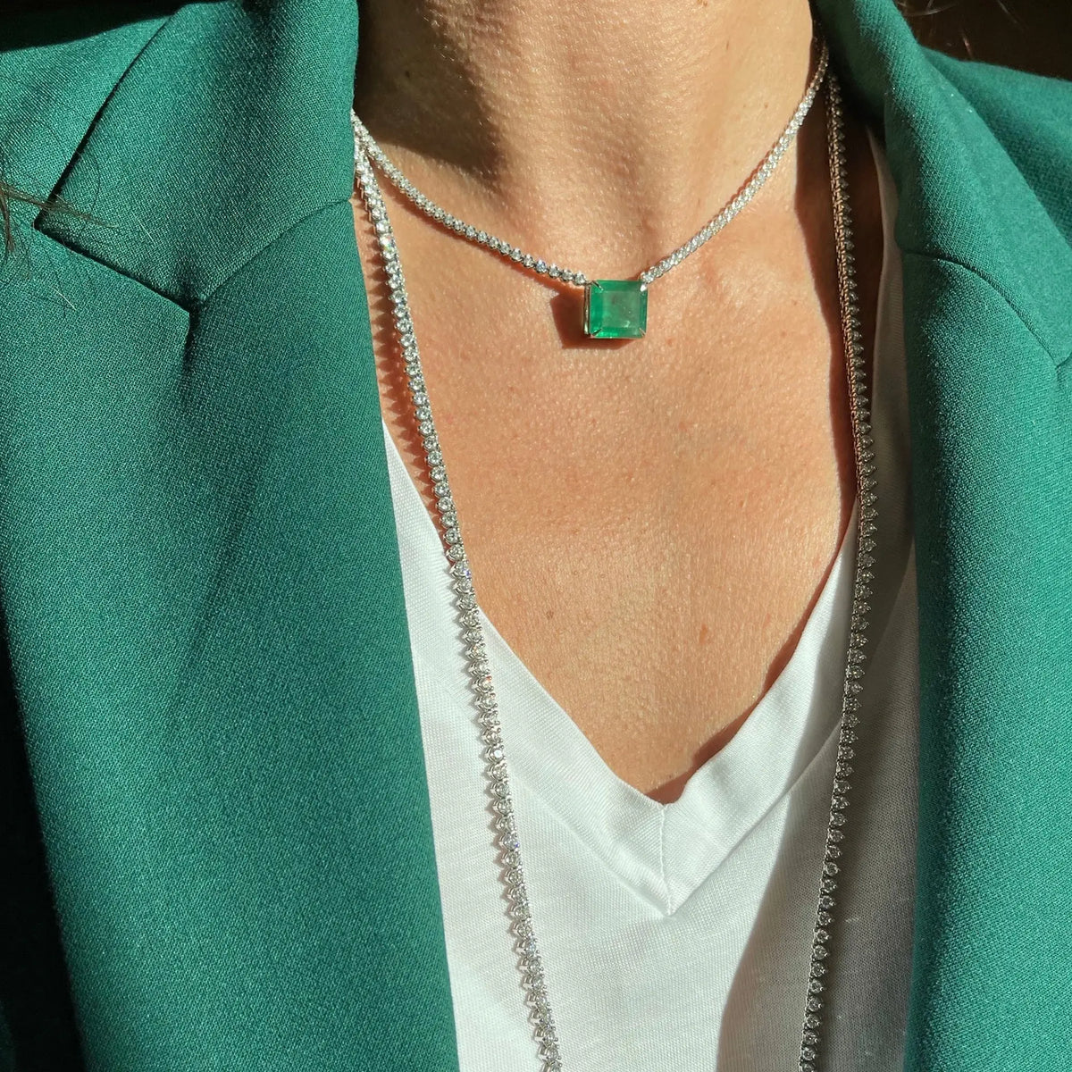 Jessica Emerald and Diamond Full Necklace in 18K Gold, view 1 | JJ Jewelry Miami