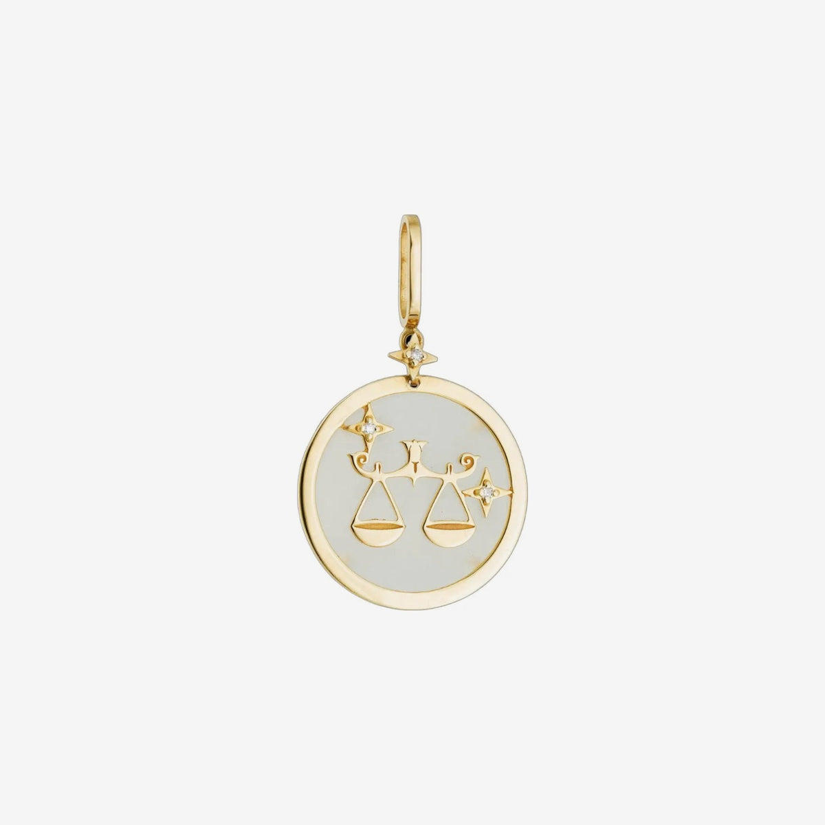 Libra Zodiac Pendant with White Quartz & Diamonds in 18K Yellow Gold, view 2 | JJ Jewelry Miami