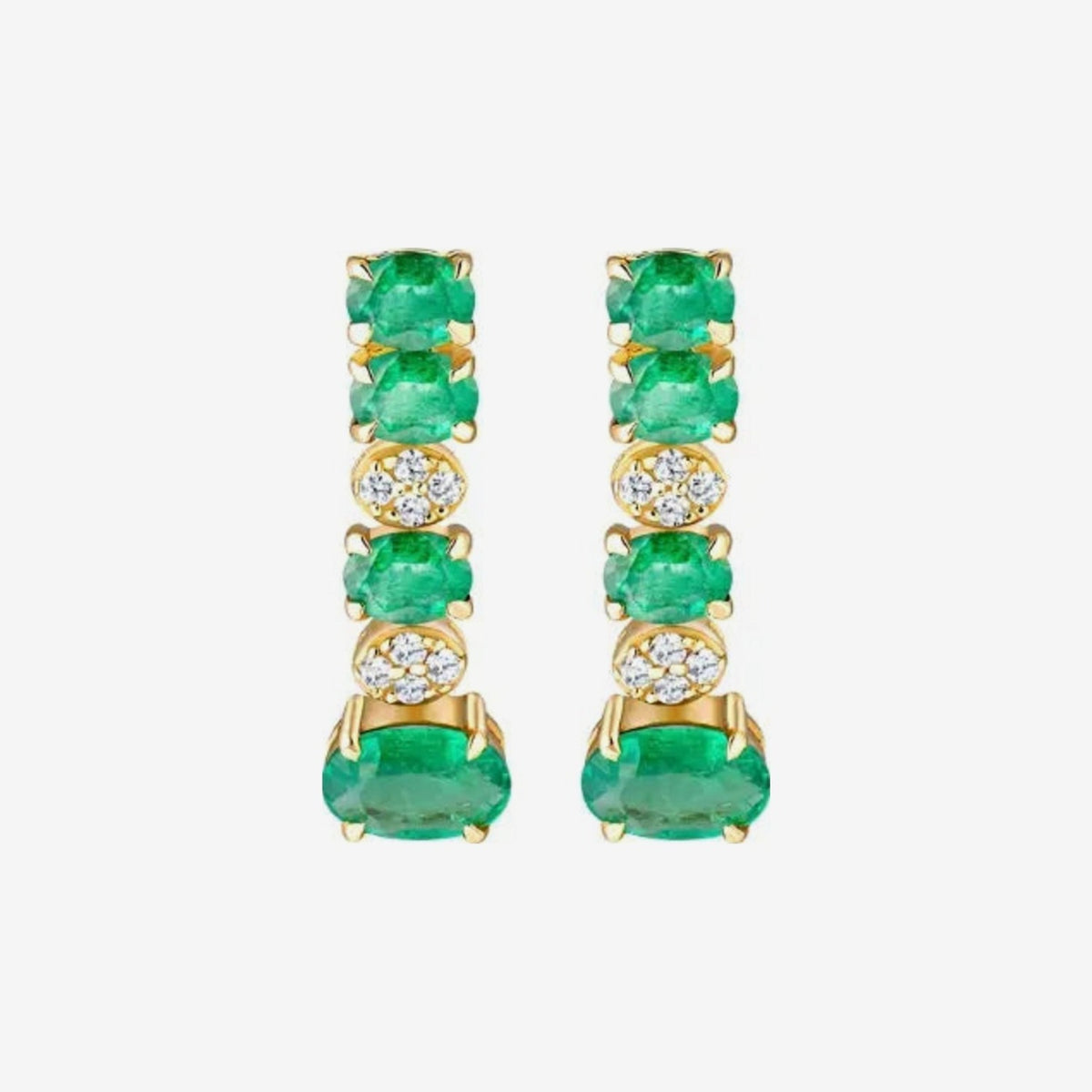 Linear Emerald and Diamond Drop Earrings in 18K Yellow Gold, gray background | JJ Jewelry Miami