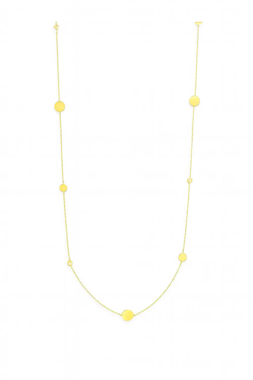 Long disc necklace in 14K yellow gold by JJ Jewelry