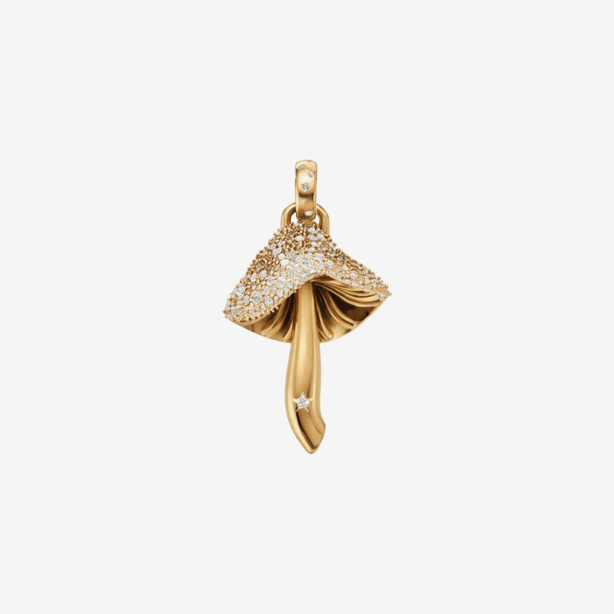 Magic Mushroom Pavé Diamond Pendant in 18K Yellow Gold by Alessa Rocks, gray background | JJ Jewelry Miami