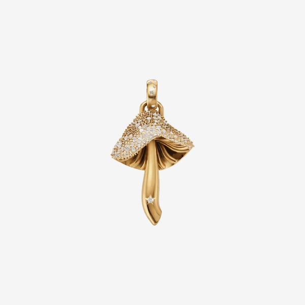 Magic Mushroom Pavé Diamond Pendant in 18K Yellow Gold by Alessa Rocks, gray background | JJ Jewelry Miami
