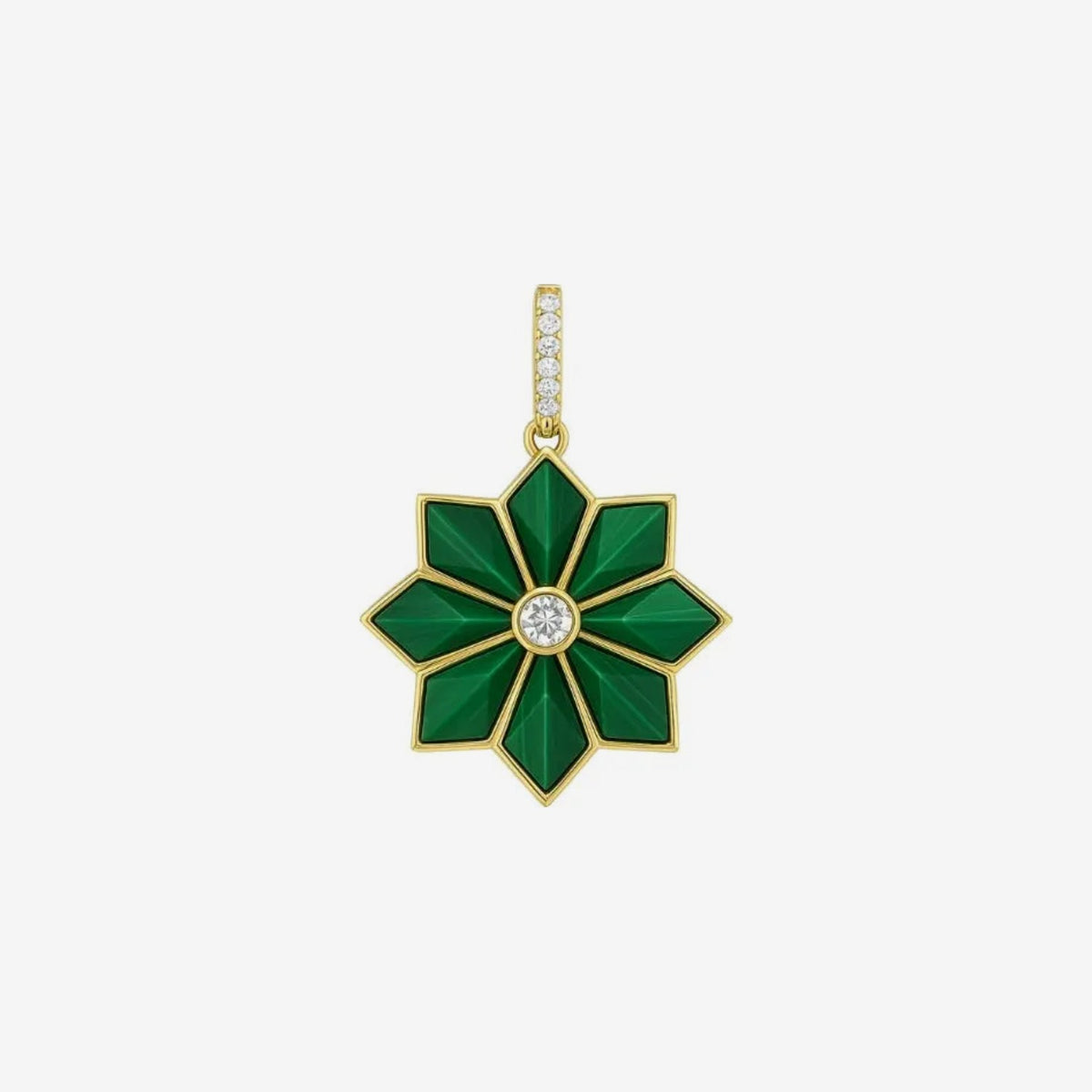 Malachite Flower Pendant with Diamond in 18K Yellow Gold, view 2 | JJ Jewelry Miami