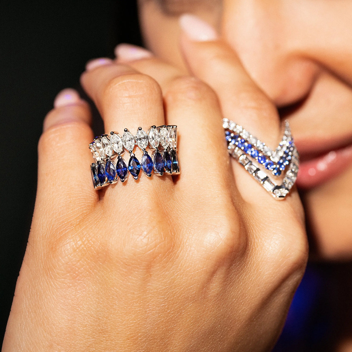 Marquise Blue Sapphire Eternity Ring, lifestyle view 1 | JJ Jewelry