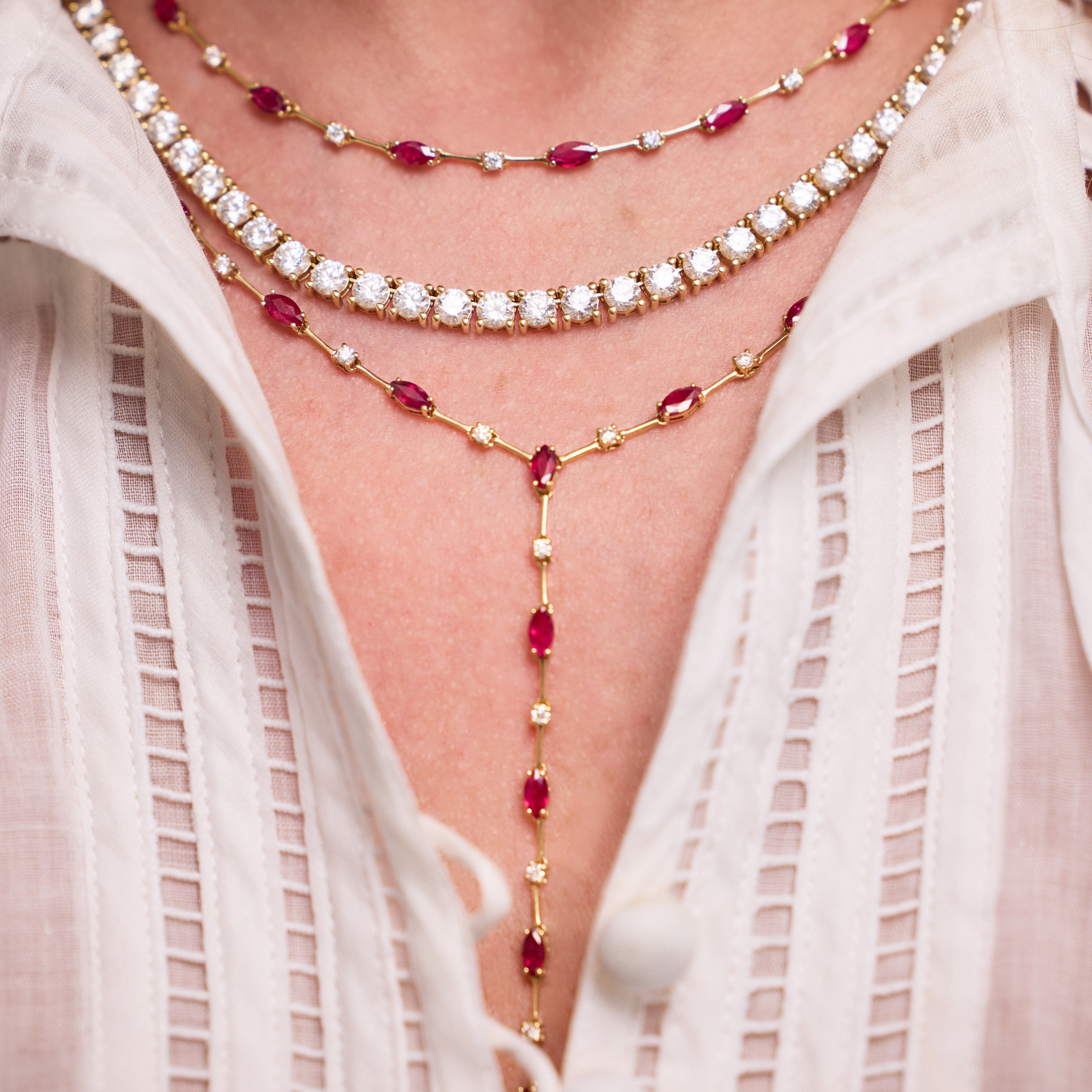 Marquise Ruby and Diamond Lariat Necklace in 18K Yellow Gold