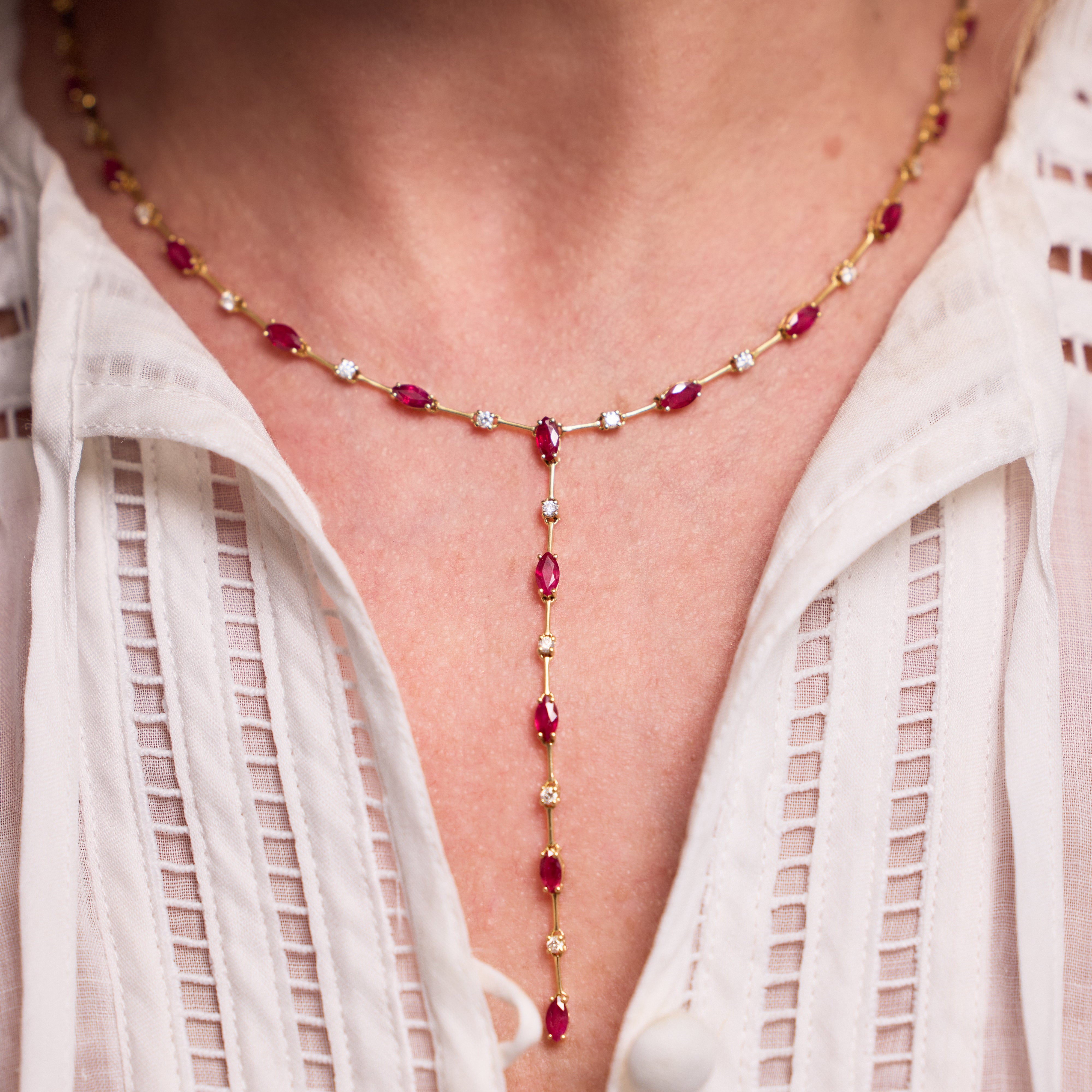 Marquise Ruby and Diamond Lariat Necklace in 18K Yellow Gold
