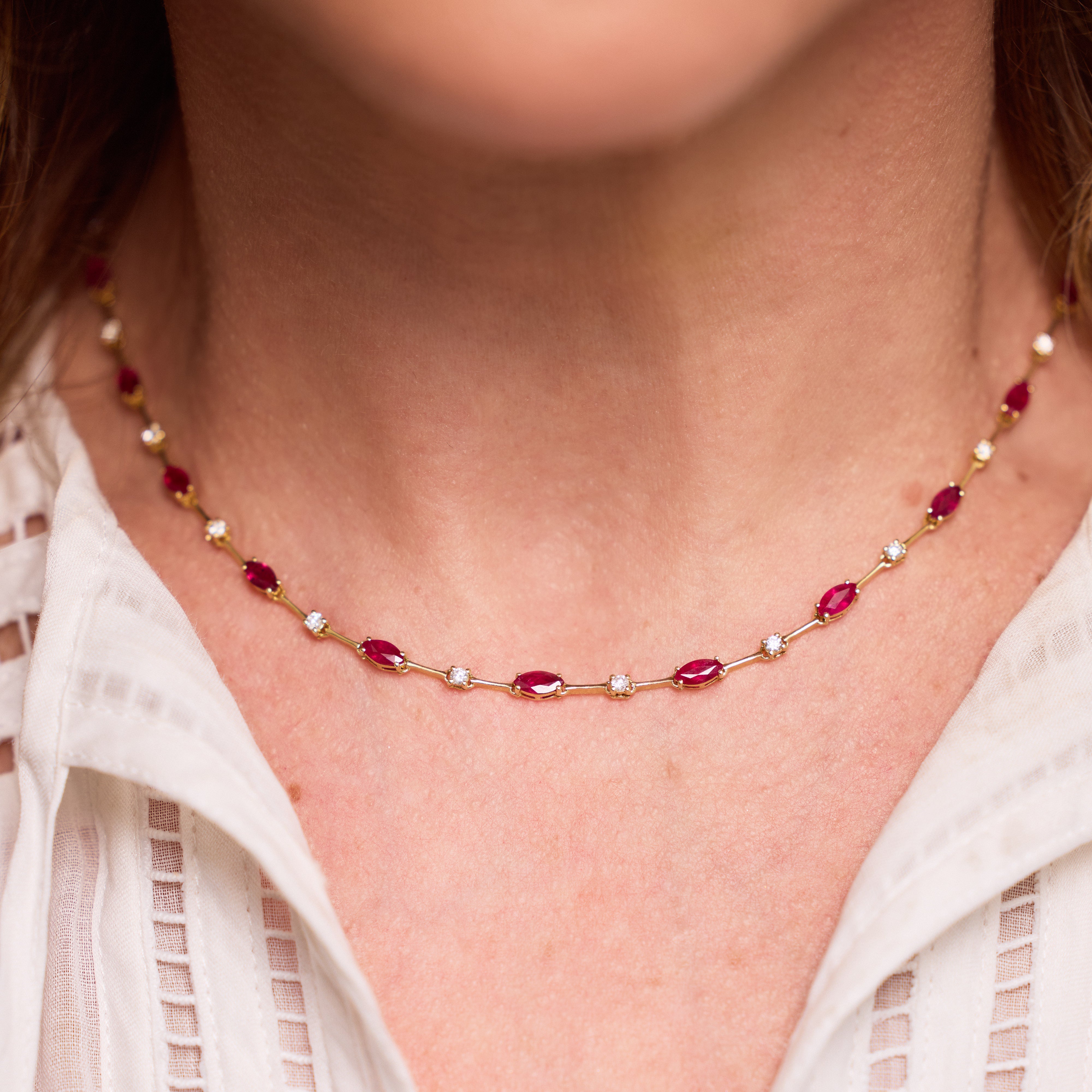 Marquise Ruby and Diamond Station Necklace | 18K Gold | JJ Jewelry Miami