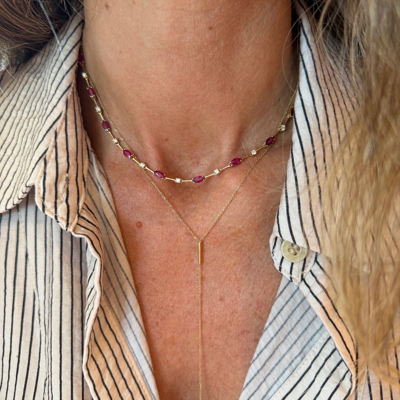 Marquise Ruby and Diamond Station Necklace in 18K Yellow Gold
