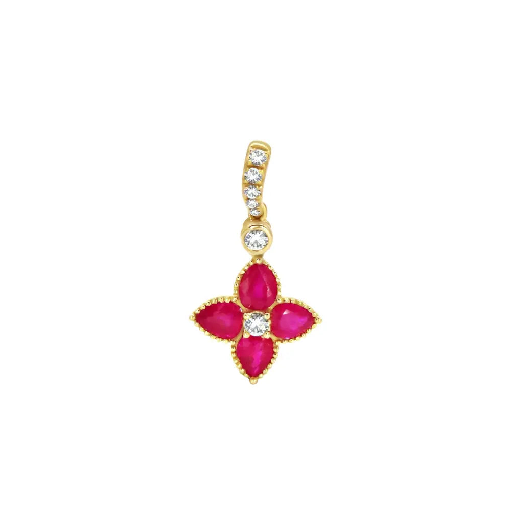 Mini Floral Pendant with Emerald or Ruby and Diamonds in Yellow Gold | JJ Jewelry