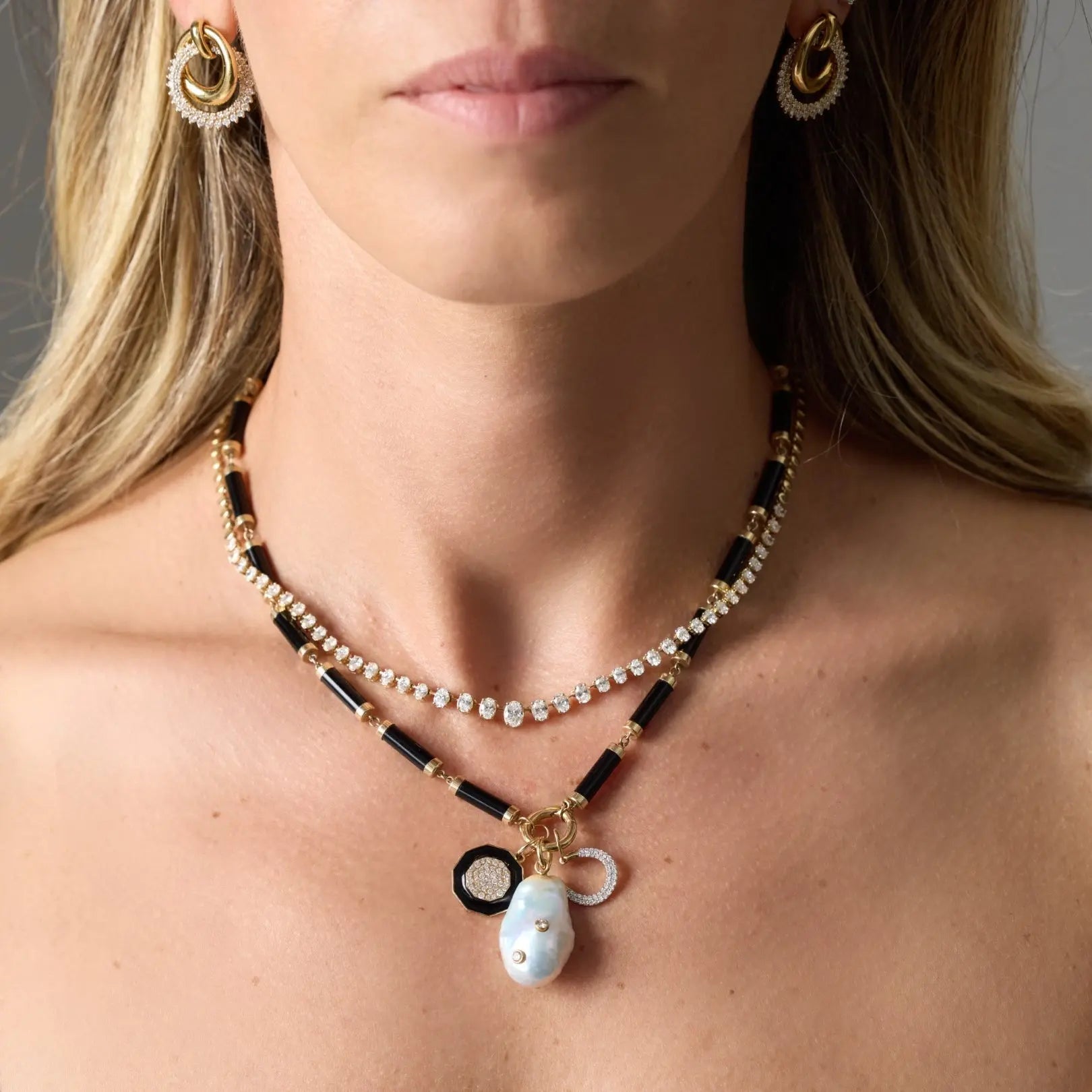   Mini Octagon Pendant with Black Enamel and Diamonds in Yellow Gold Princess Jewelry Shop