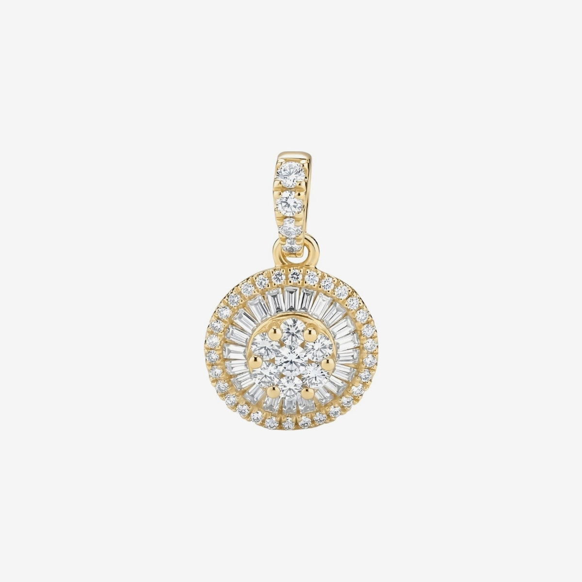 Mini Round Diamond Cluster Pendant in 18K Yellow Gold, gray background | JJ Jewelry Miami