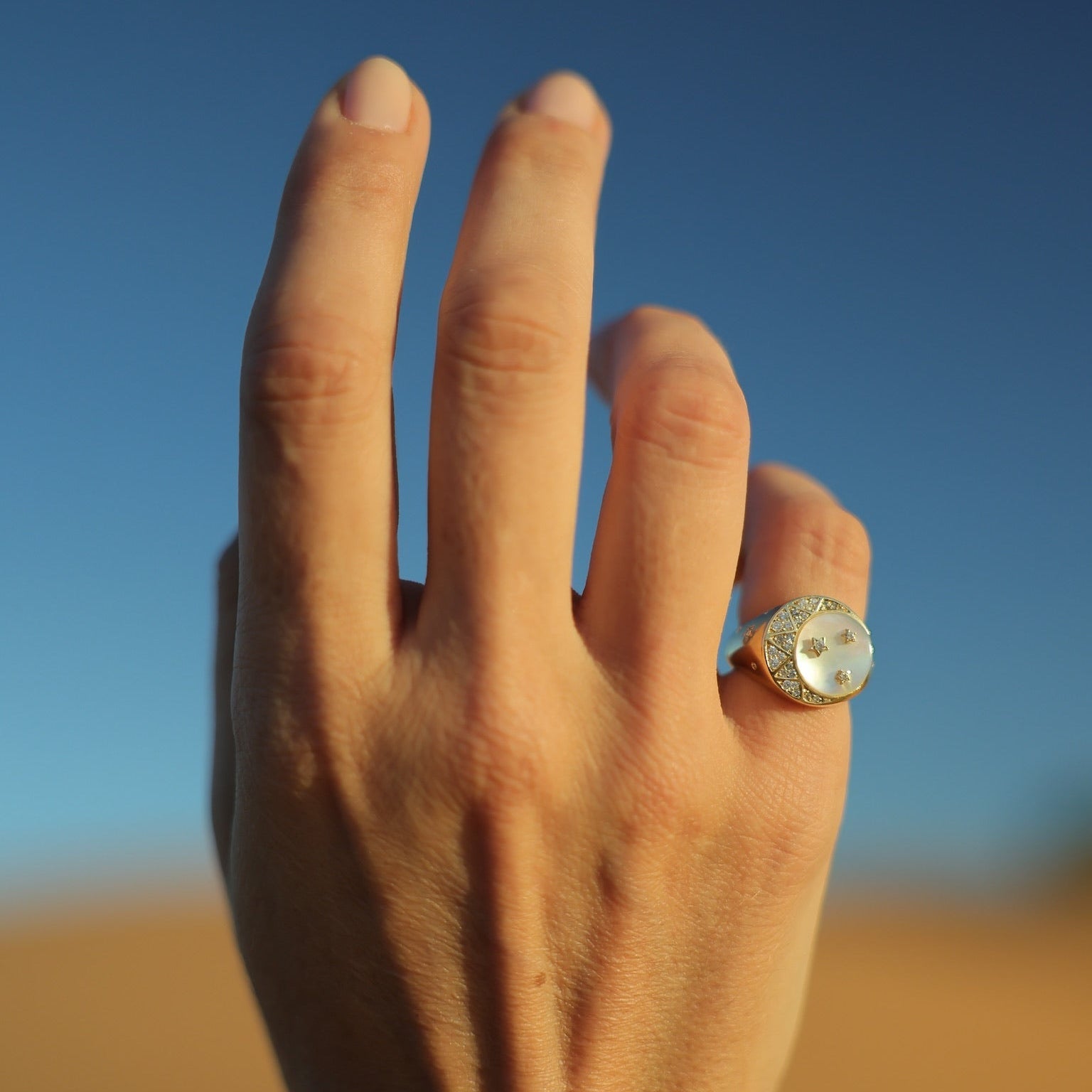 Moon Diamond Signet Ring in 18K Yellow Gold