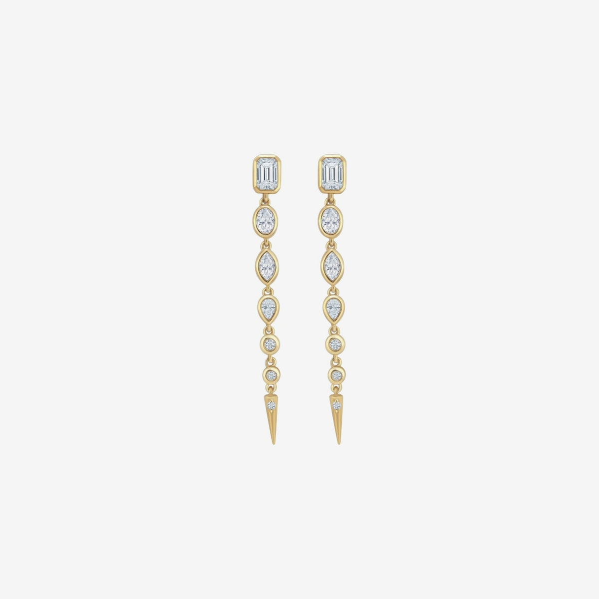 Multi-Shape Diamond Drop Earrings in 14K Yellow Gold, view 2, gray background | JJ Jewelry Miami