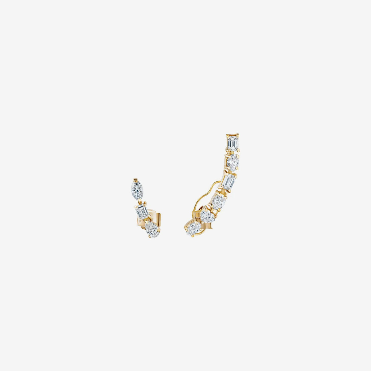 Multi-Shape Diamond Short & Long Ear Crawler in 18K Yellow Gold, gray background | JJ Jewelry Miami
