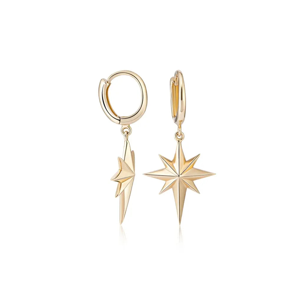 North star gold huggie hoop earrings in 14K yellow gold | JJ Jewelry