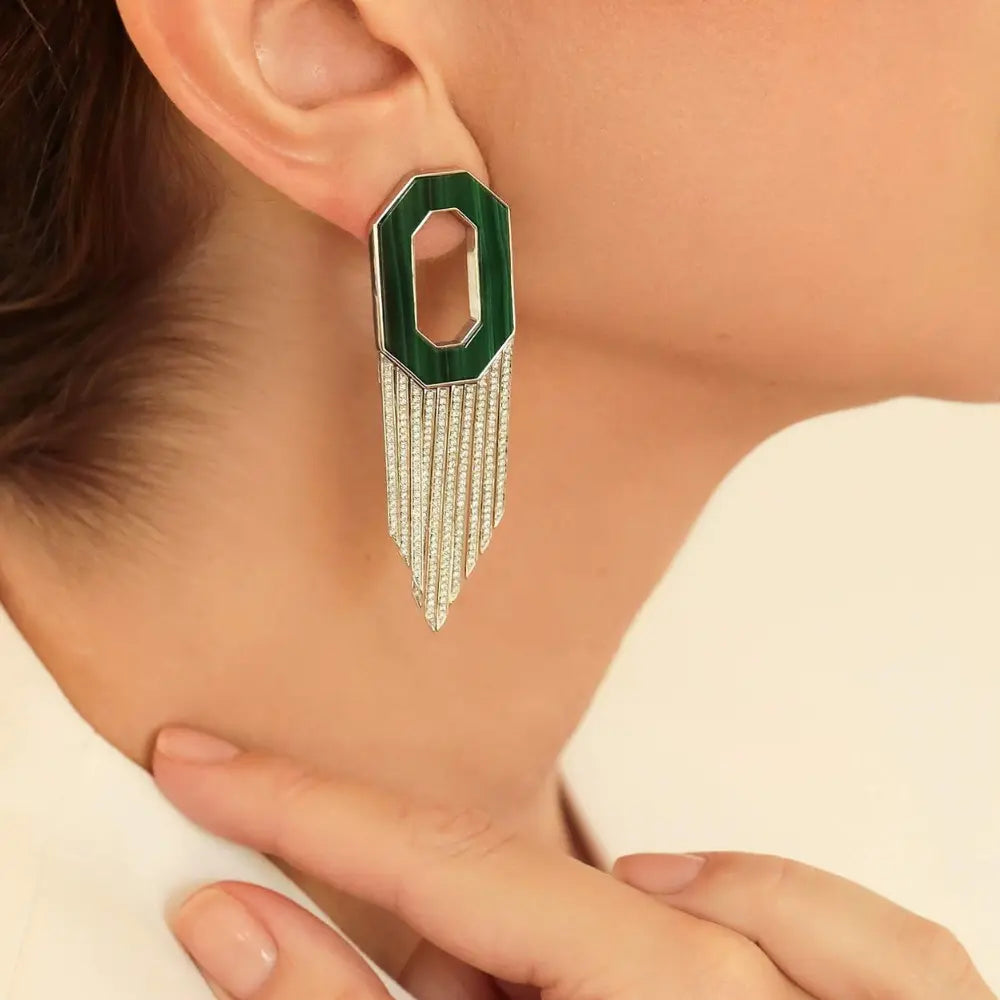   Octagon Malachite and Diamond Fringe Earrings Princess Jewelry Shop
