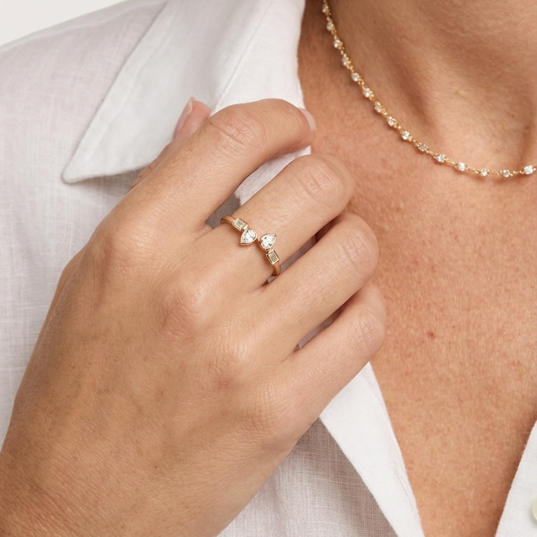 Open Bezel Pear and Emerald-Cut Diamond Ring, lifestyle view 1 | JJ Jewelry