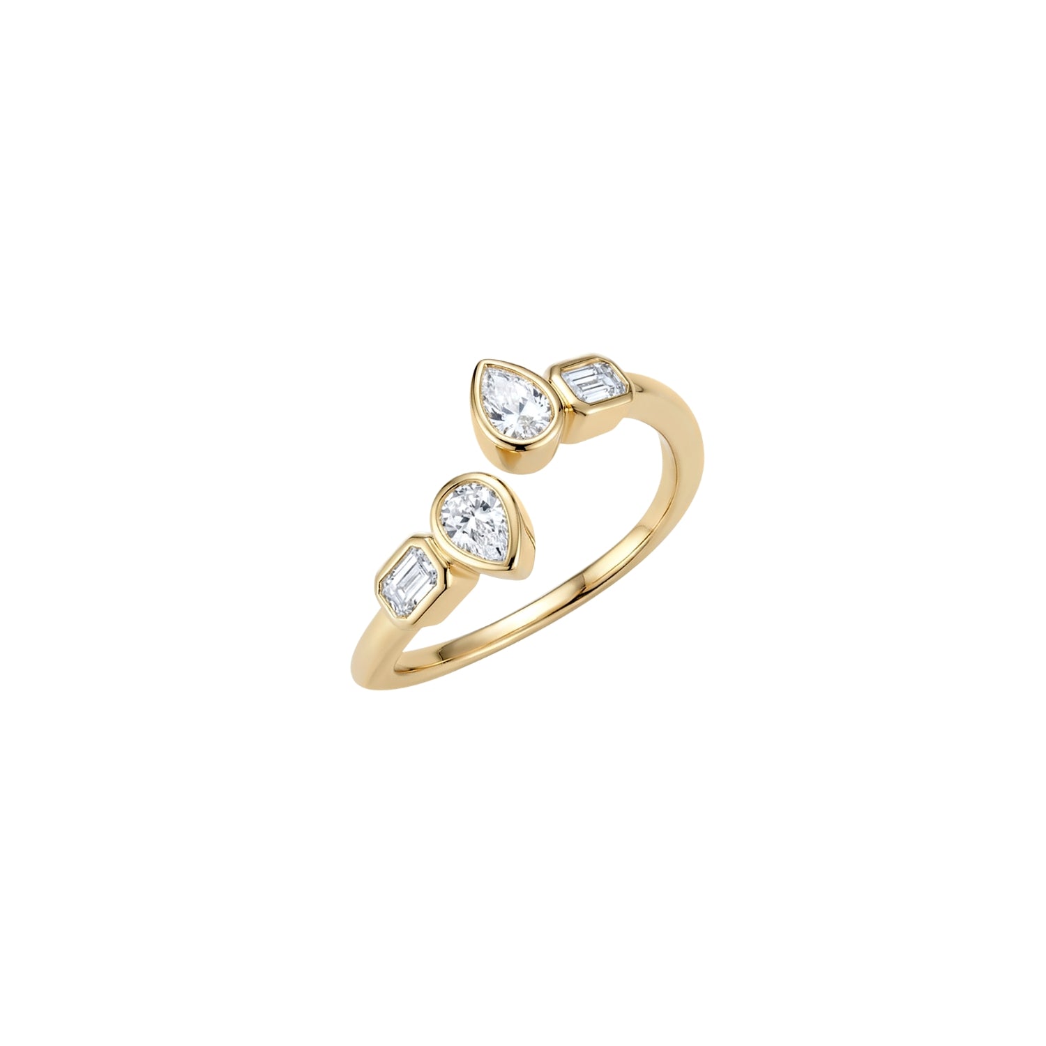 Open Bezel Pear and Emerald-Cut Diamond Ring in 18K Gold