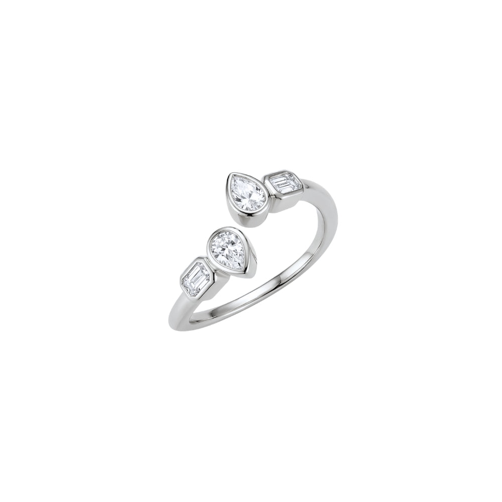 Open Bezel Pear and Emerald-Cut Diamond Ring in 18K Gold