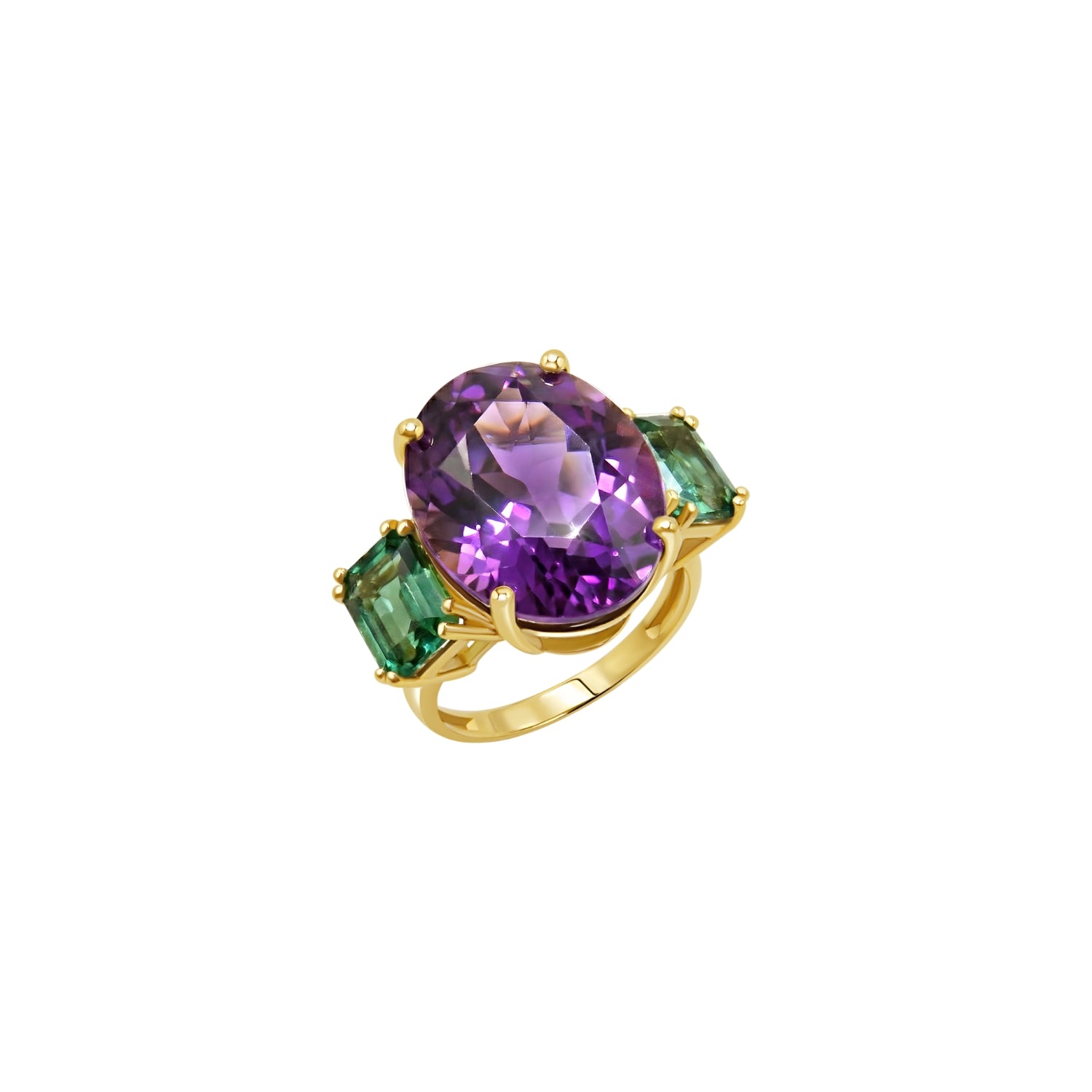 Oval Amethyst & Emerald Three-Stone Ring in 18K Yellow Gold