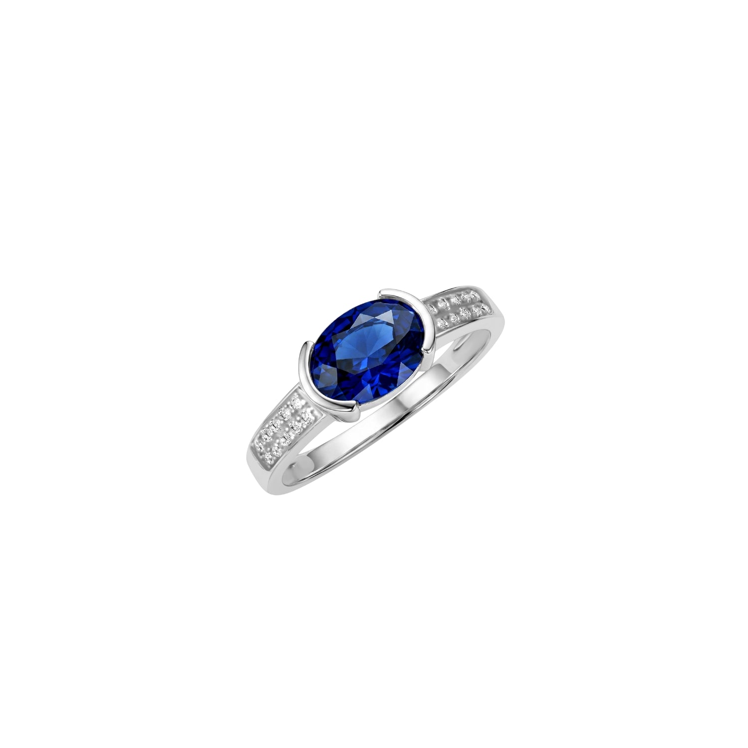 Oval Blue Sapphire Diamond Pavé Ring 14K White Gold | JJ Jewelry Miami