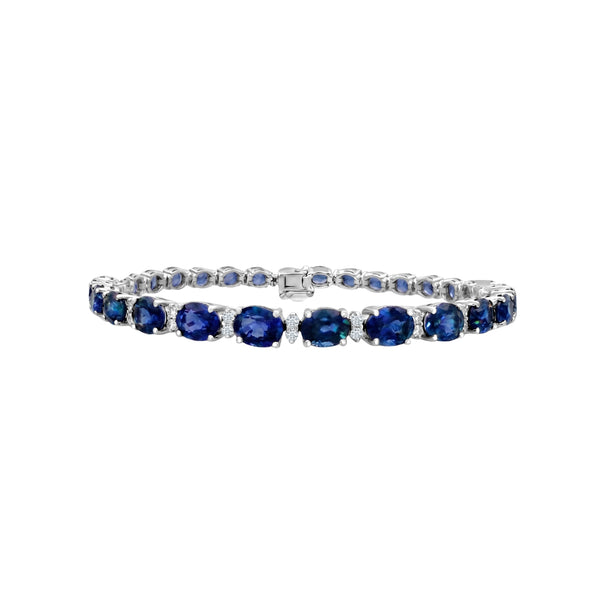Oval Blue Sapphire and Diamond Line Bracelet in 18K White Gold