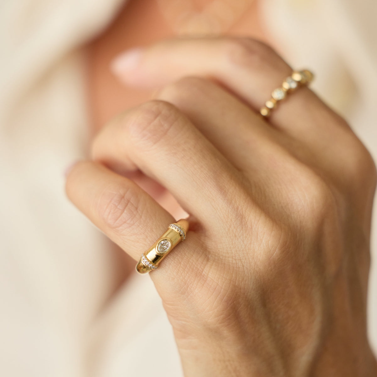 Oval Diamond Bezel Pinky Ring, lifestyle view 1 | JJ Jewelry