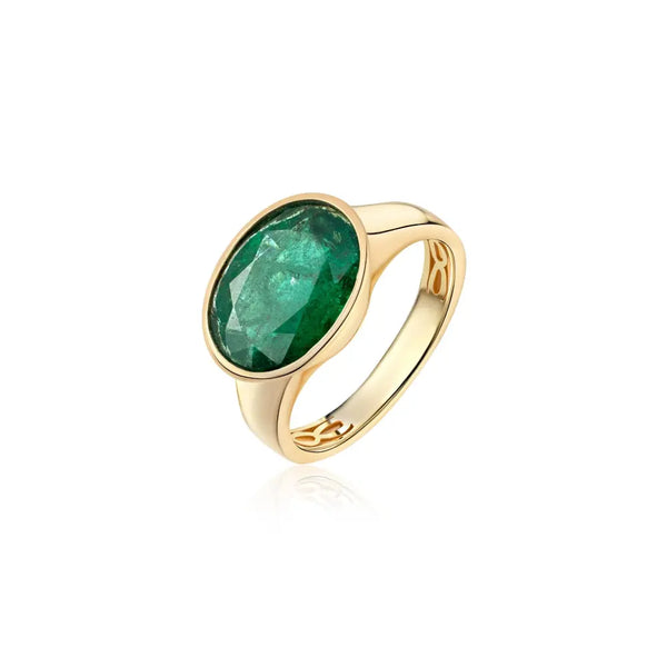 Oval Emerald Cocktail Ring in 18K Yellow Gold | JJ Jewelry Miami