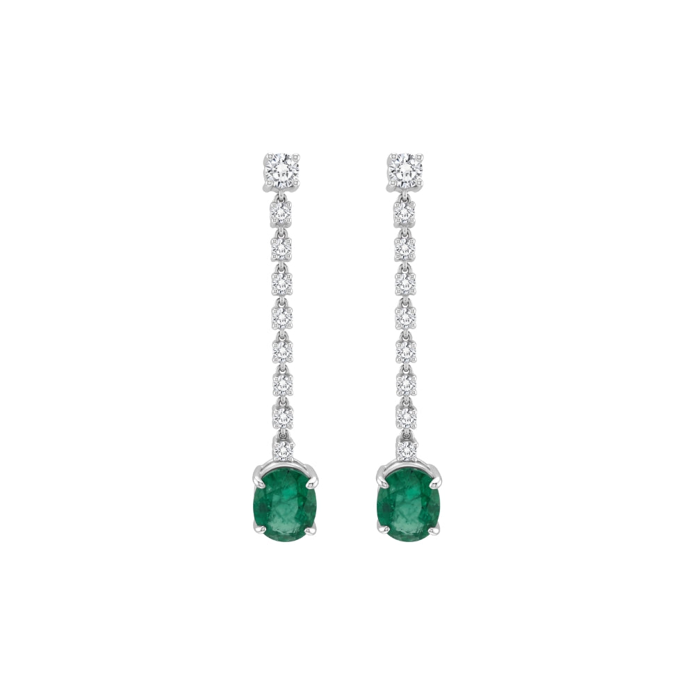 Oval Emerald and Diamond Drop Earrings in 18K White Gold