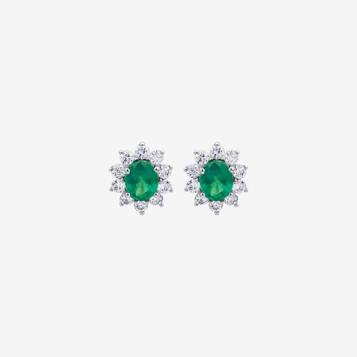 Oval Gemstone and Diamond Halo Stud Earrings in 18K White Gold with Emerald, gray background | JJ Jewelry Miami