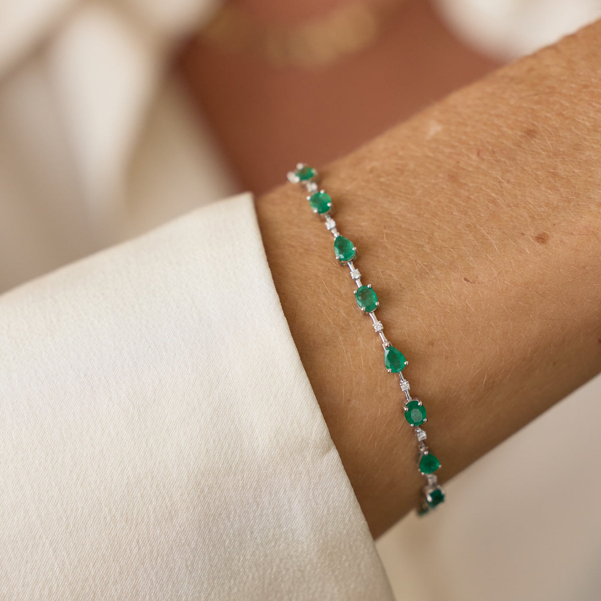 Oval & Pear Emerald and Diamond Bracelet in 18K White Gold