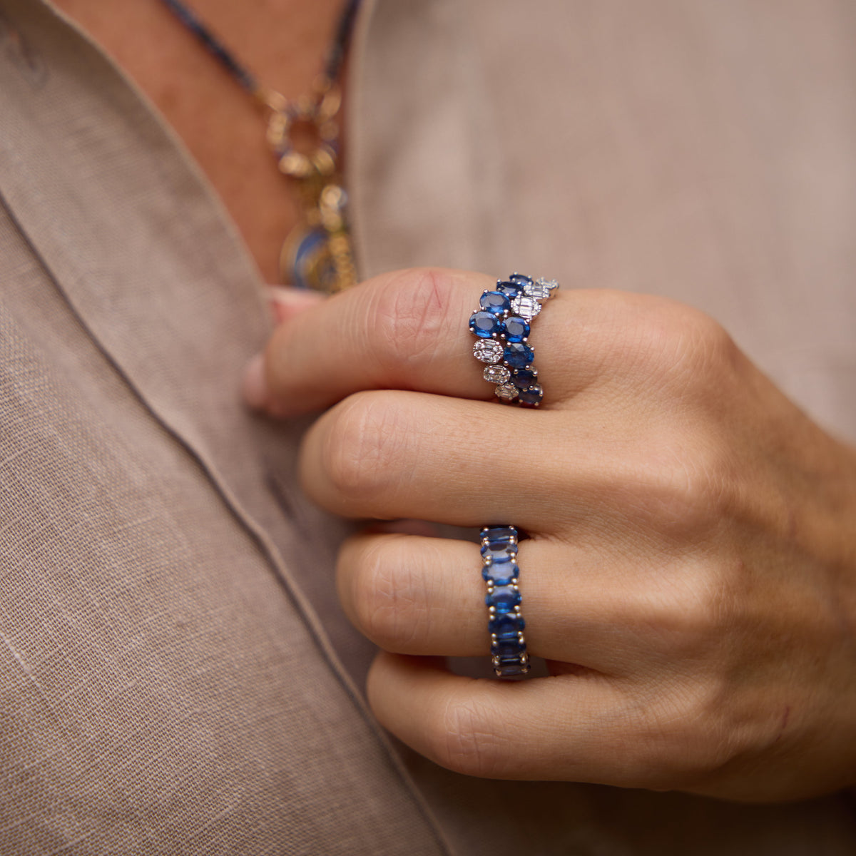 Emerald-Cut Blue Sapphire Full Eternity Ring in 18K White Gold, view 3 | JJ Jewelry Miami