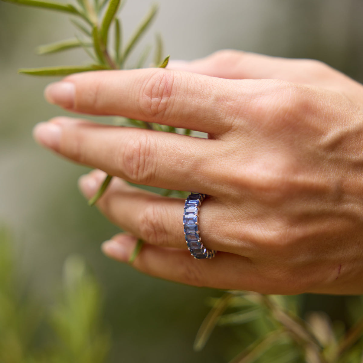 Emerald-Cut Blue Sapphire Full Eternity Ring in 18K White Gold, view 5 | JJ Jewelry Miami