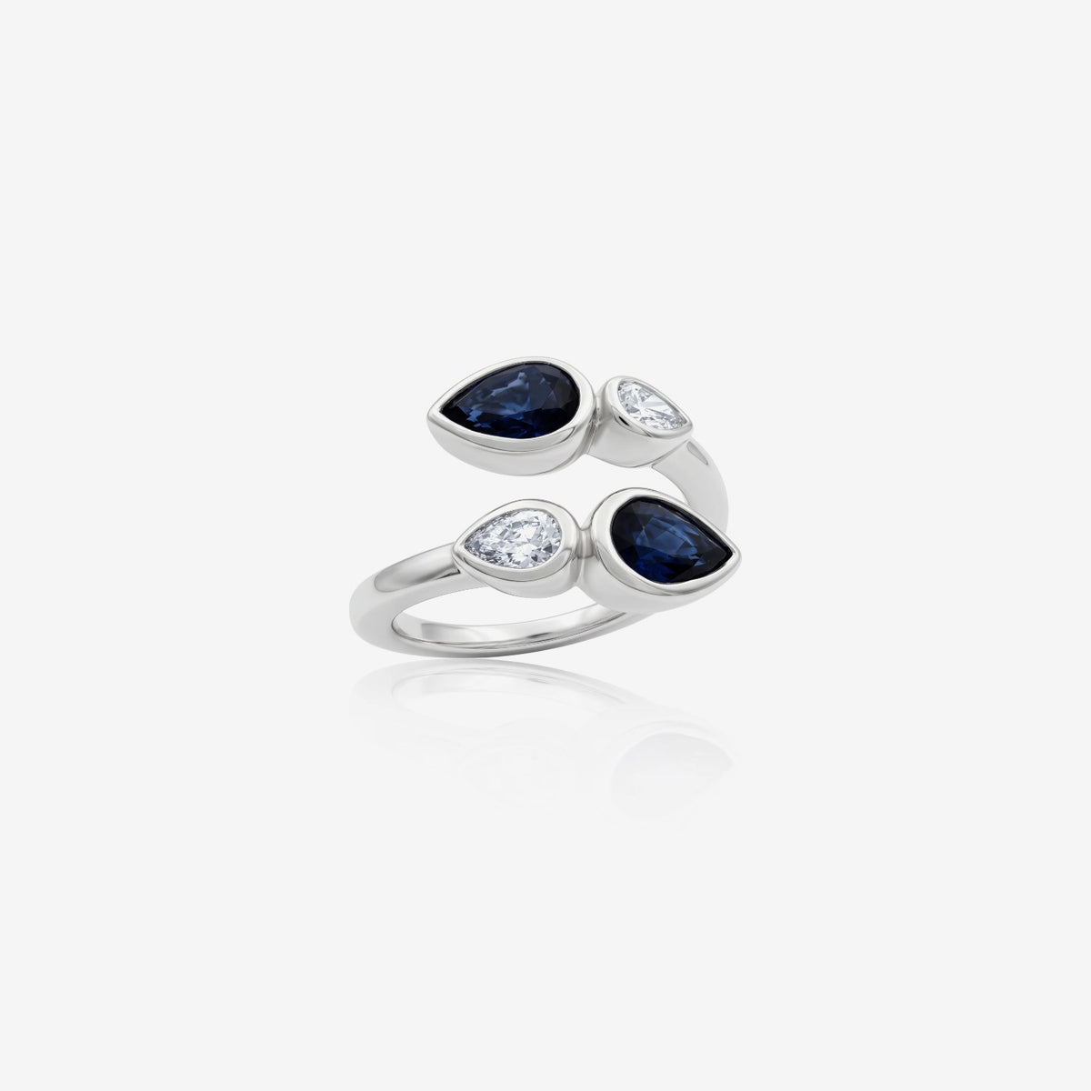 Pear Blue Sapphire & Diamond Open Ring in 14K White Gold | JJ Jewelry Miami