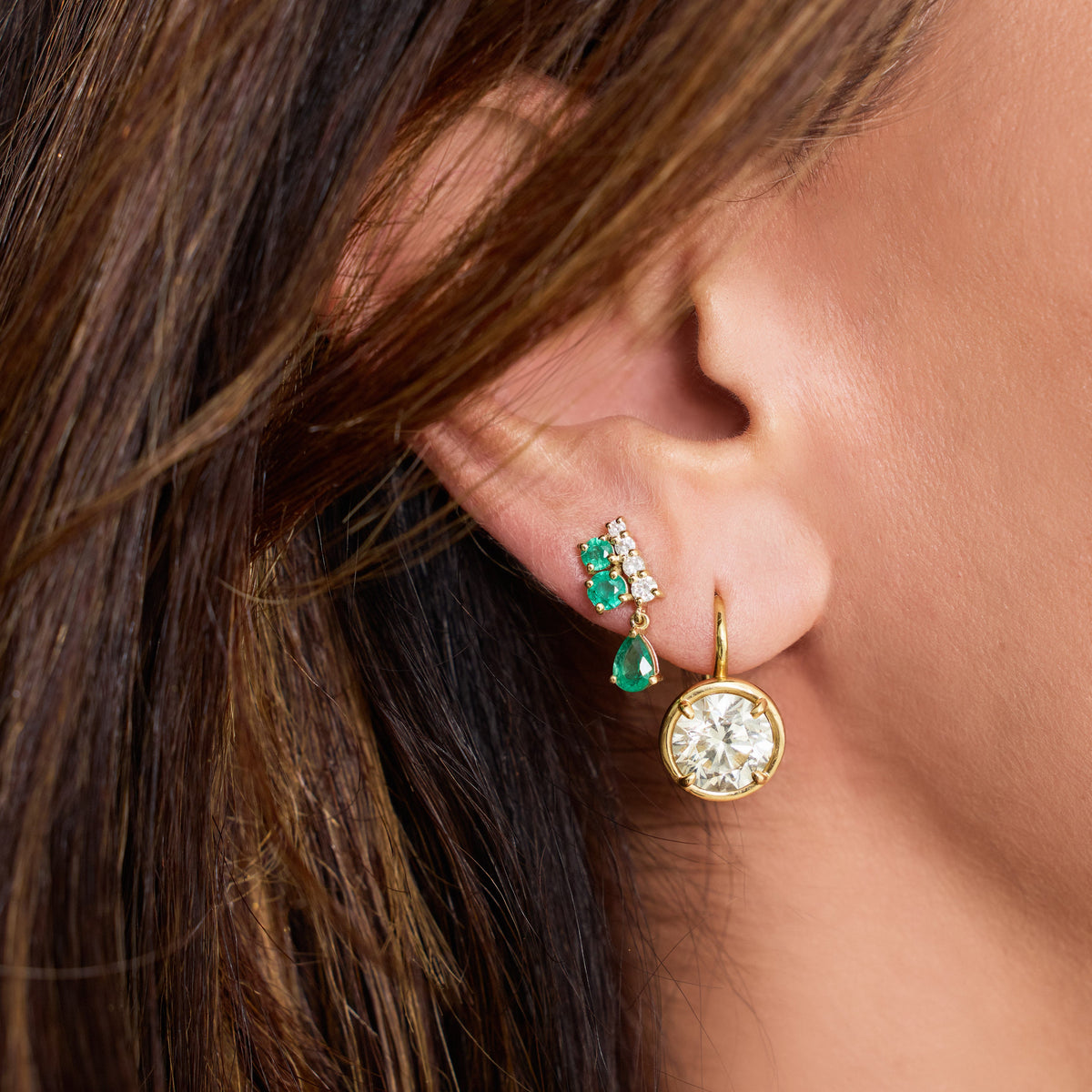 Pear-Cut Gemstone Drop Earrings with Emerald, styled ear stack | JJ Jewelry Miami
