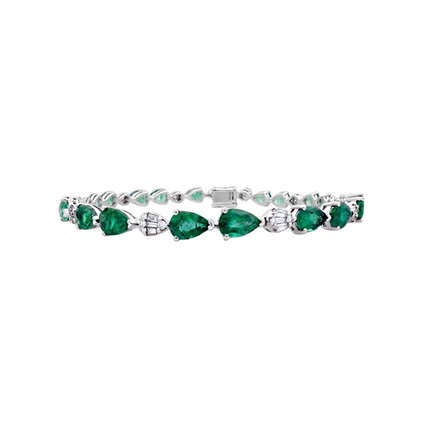 Pear Emerald and Diamond Tennis Bracelet in 18K White Gold