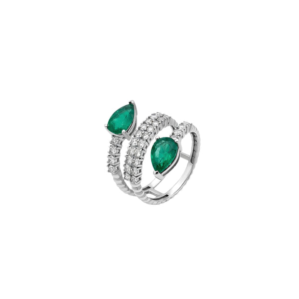 Pear Emerald & Diamond Three-Row Wrap Ring in 18K White Gold | JJ Jewelry Miami