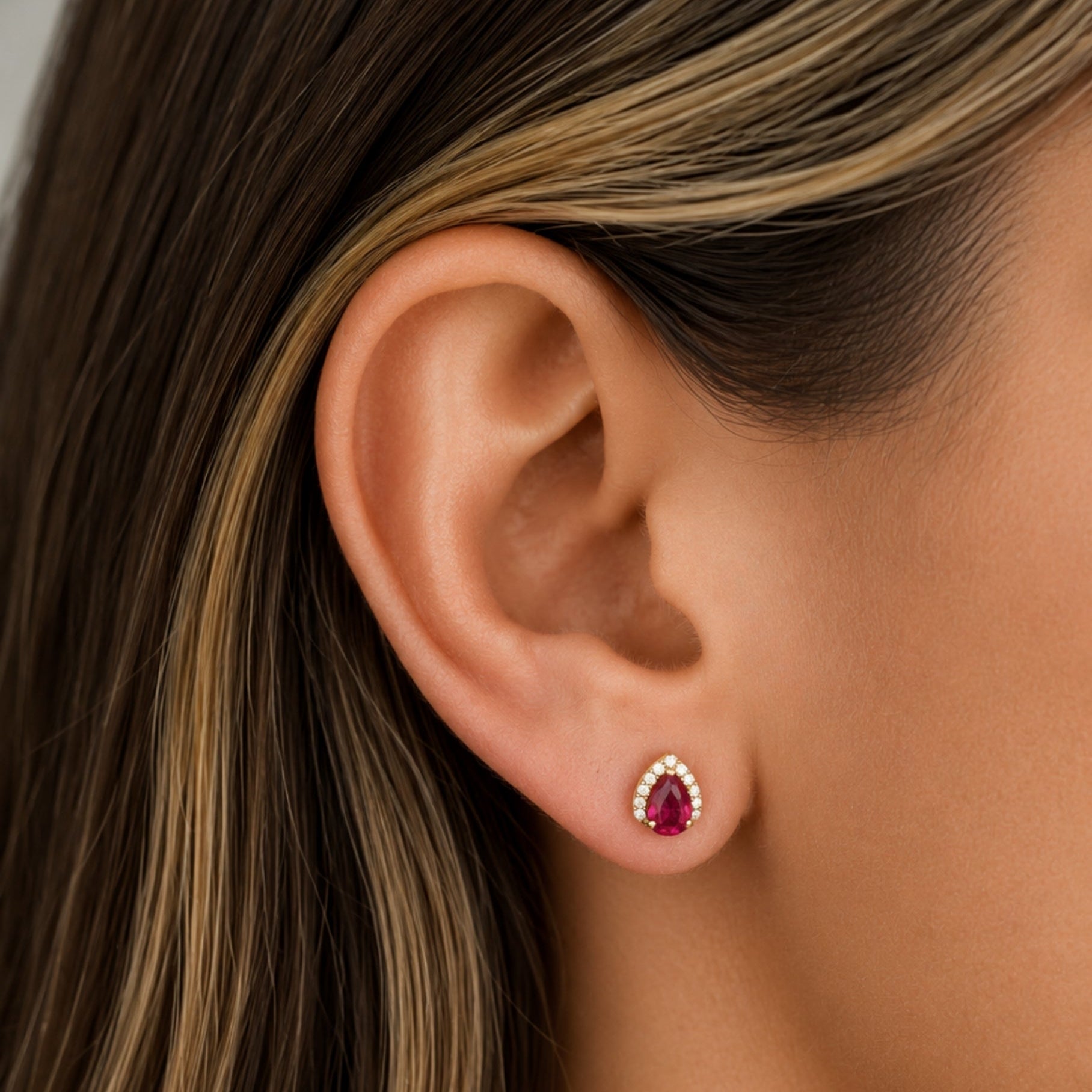 Pear Ruby and Diamond Halo Stud Earrings in 18K Yellow Gold