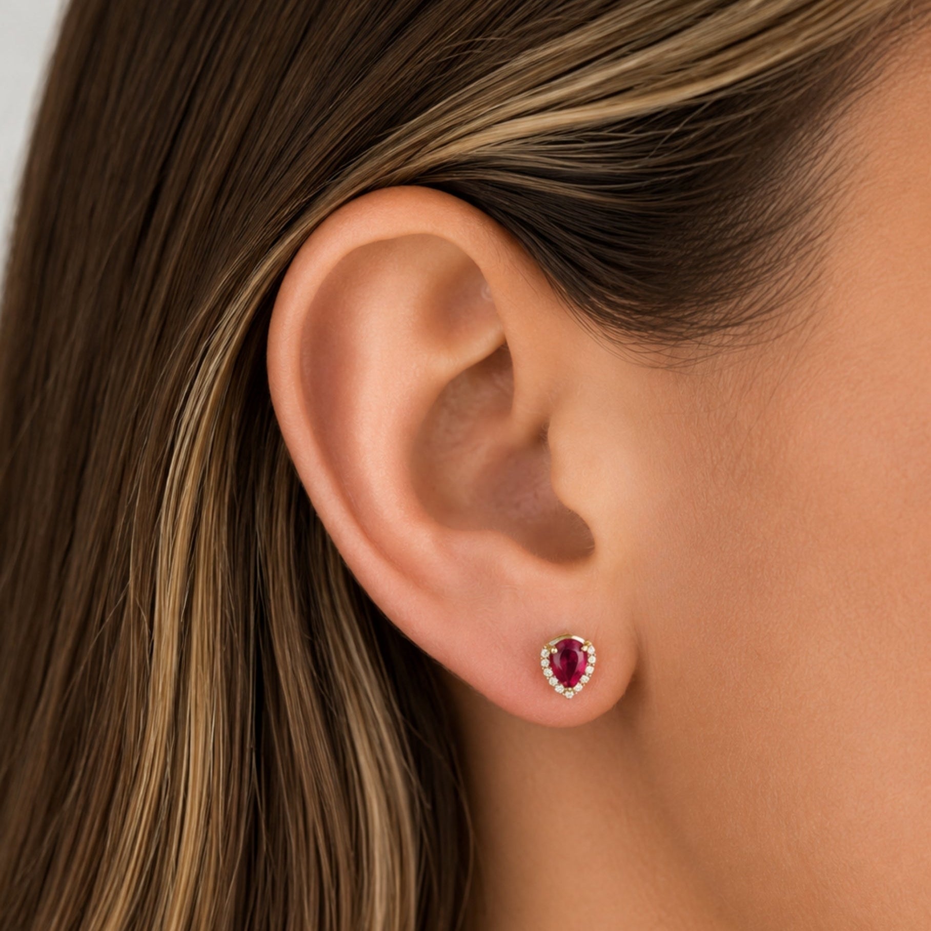 Pear Ruby and Diamond Halo Stud Earrings in 18K Yellow Gold