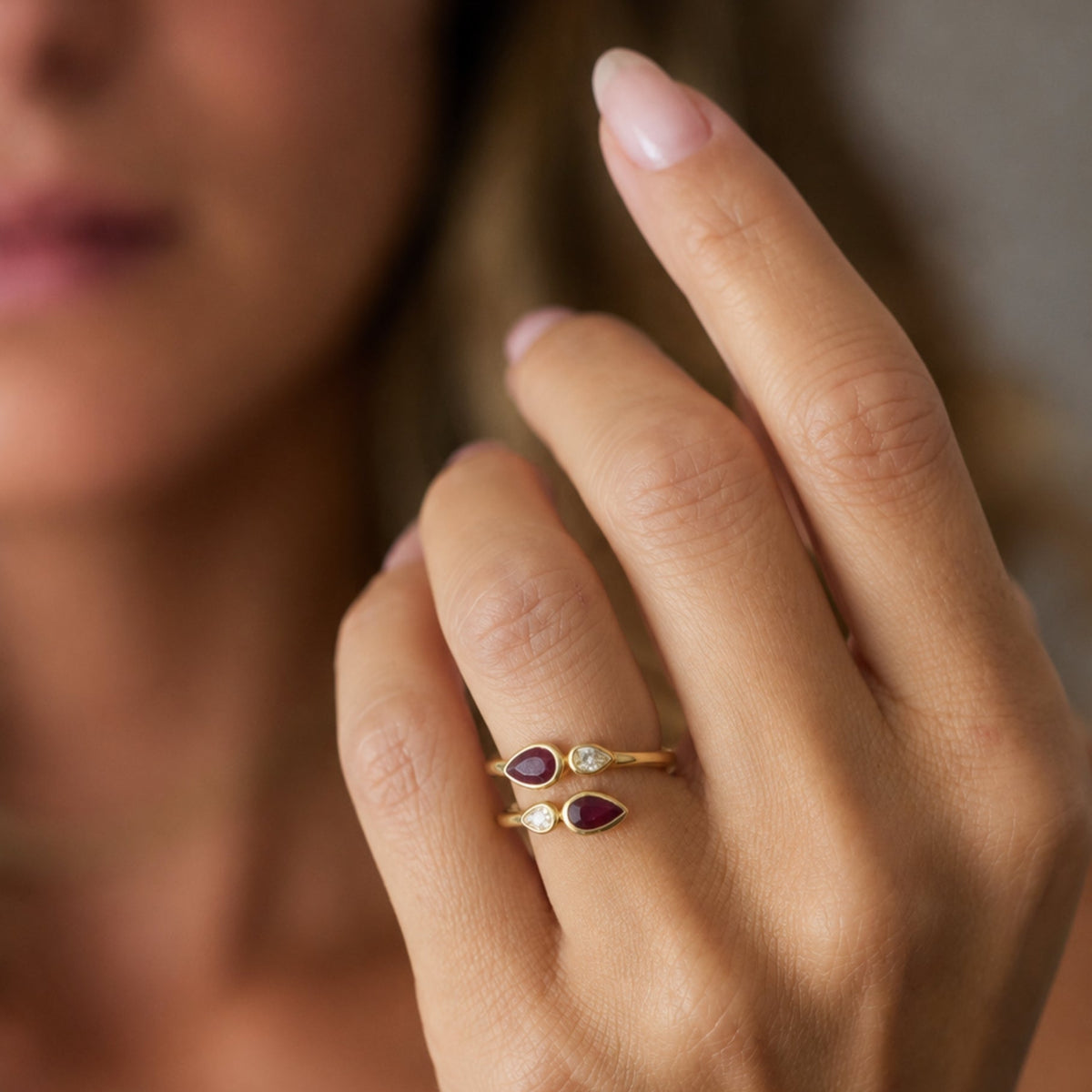 Pear Ruby and Diamond Open Ring, lifestyle view 1 | JJ Jewelry