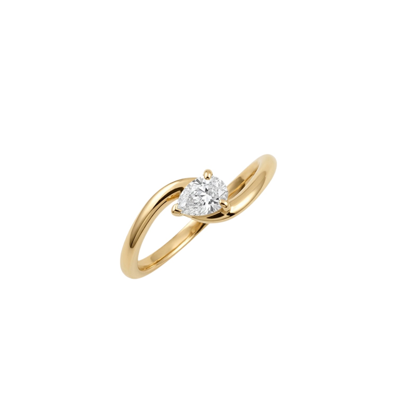 Pear Wave Diamond Solitaire Ring in 18K Yellow Gold | JJ Jewelry Miami