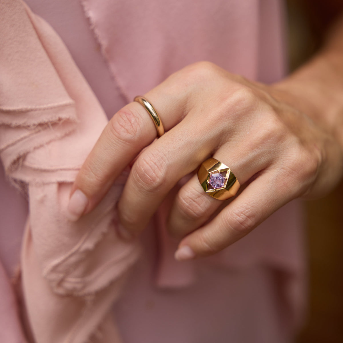 Pink Sapphire Gold Ring in 18K Yellow Gold, view 4 | JJ Jewelry Miami